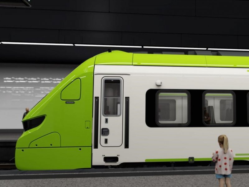 Het ontwerp van de nieuwe Coradia Stream voor FCG, herkenbaar aan de afwijkende neus . (Foto: Alstom SA)